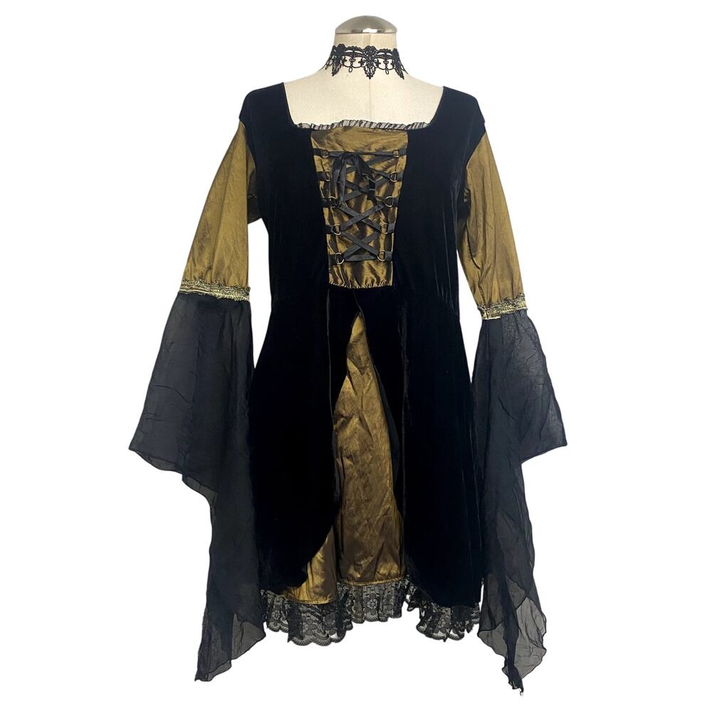 Black and Gold Velvet Lace-Up Midi Dress